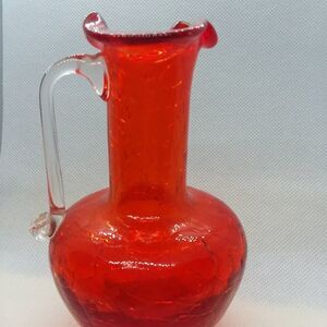 Vintage Ruby Red Crackle Blown Glass Small Pitcher Clear Applied Glass Handle